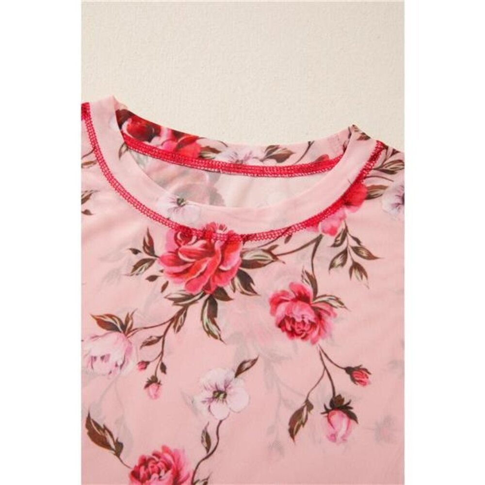 Floral Print Exposed Seam Detail Mesh Long Sleeve Top - Picture 5 of 7
